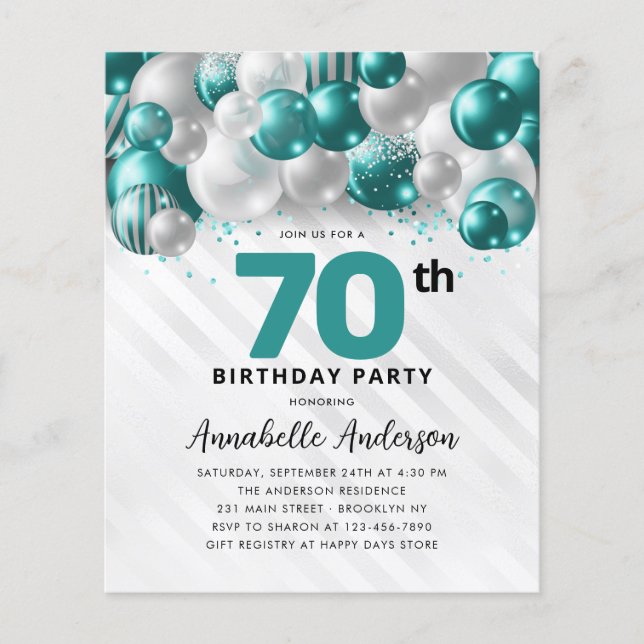 Budget Teal Silver Balloon Glitter 70:e födelsedag (Framsida)