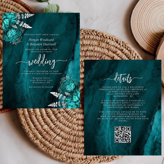 Budget Teal Silver Blommig QR-kod Bröllopsinbjudan (Skapare uppladdad)
