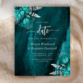 Budget Teal Silver Floral Wedding Save the Date