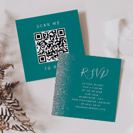Budget Teal Silver Glitter Bröllop QR Code RSVP Tilläggskort