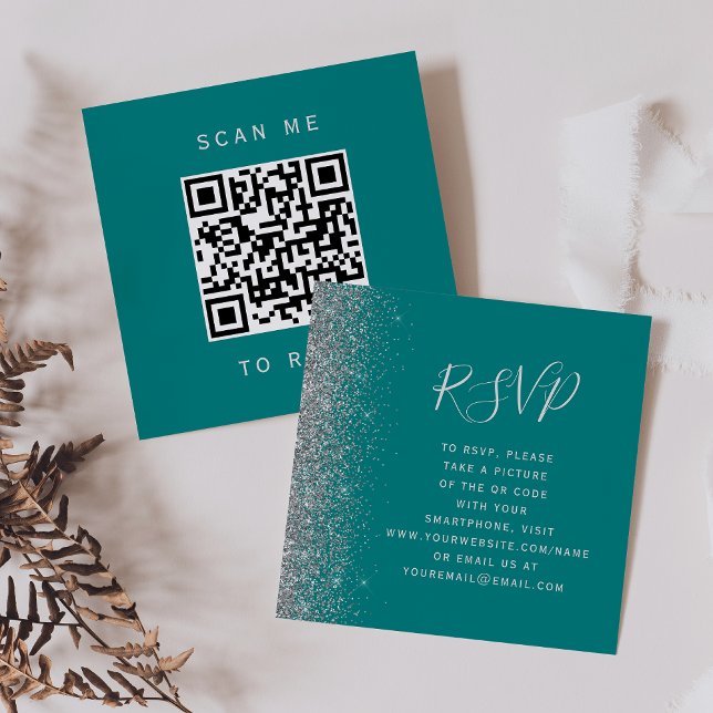 Budget Teal Silver Glitter Bröllop QR Code RSVP Tilläggskort (Skapare uppladdad)