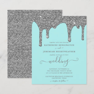 Budget Teal Silver Glitter Drips Bröllopsinbjudan