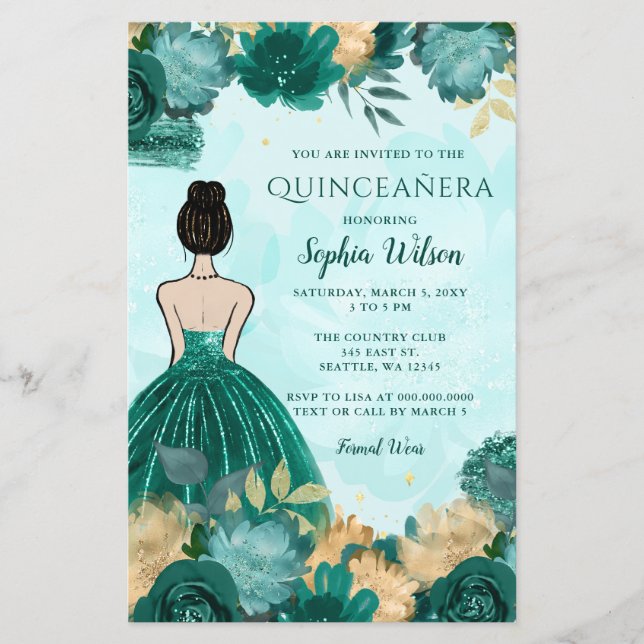 Budget Teal Turquoise Guld Princess Quinceañera  (Framsida)