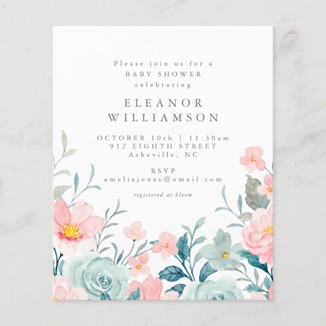 Budget Teal Watercolor Blommigt Baby Shower Inbjud (Framsida)