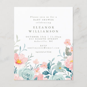 Budget Teal Watercolor Blommigt Baby Shower Inbjud