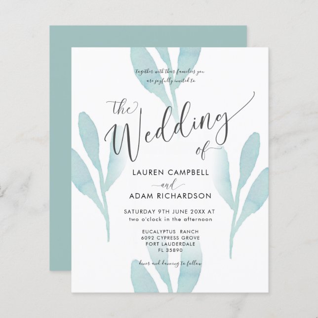 Budget Teal Watercolor Foliage Wedding bjudande (Fram/baksida)