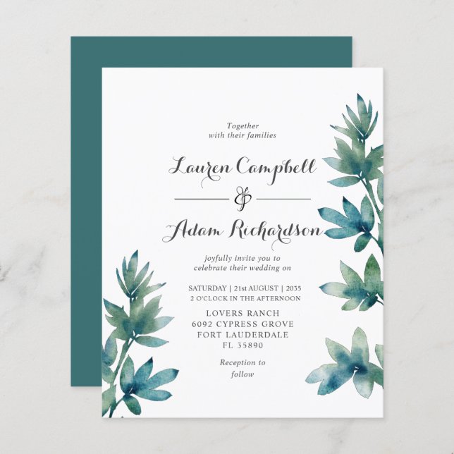 Budget Teal Watercolor Foliage Wedding bjudande (Fram/baksida)