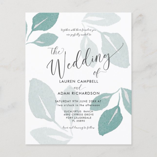 Budget Teal Watercolor Foliage Wedding bjudande (Framsida)