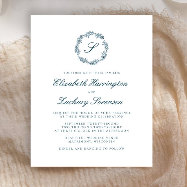 Budget Tealblå Monogram Krans Script Bröllop (Skapare uppladdad)