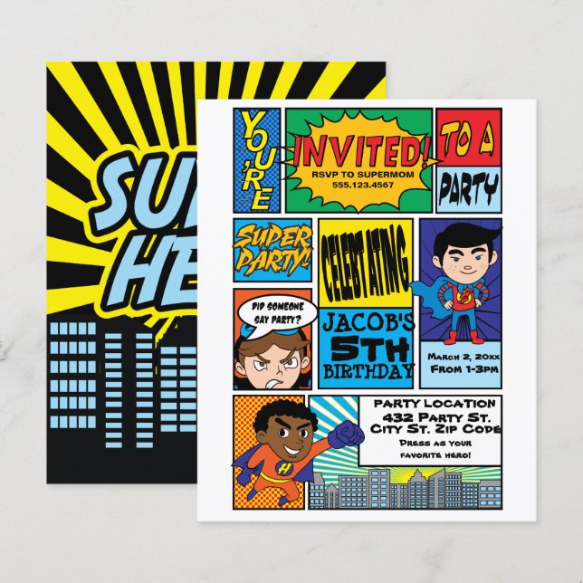 Budget Tecknad Stil Hero Birthday-inbjudningar (Fram/baksida)