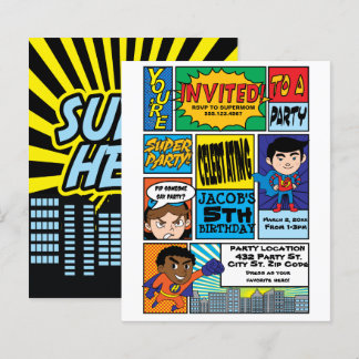 Budget Tecknad Stil Hero Birthday-inbjudningar