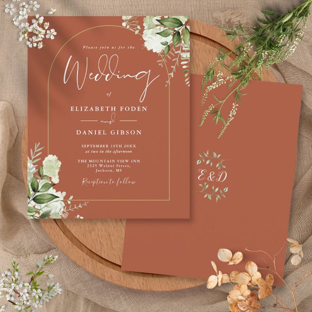 Budget Terracotta Blommigt Guld Arch bröllopsinbju (Budget Terracotta Floral Gold Arch Wedding Invite)