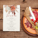 Budget Terracotta Blommigts Rustic Bröllop Menu<br><div class="desc">Budget Terracotta Blommigts Rustic Bröllop Menu. Ett underbart värde storlekt på 5, 5 x 8, 5 tum i en rad pappra alternativ. En informell typgrafi för huvudrubriken Menu som kompletterar resten av texten som du lätt kan anpassa,  med vackra blommor och pampasgräs i höstens färgad överst.</div>