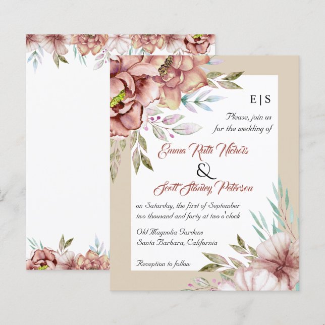 BUDGET terracotta-blommor inbjudan till bröllopet (Fram/baksida)