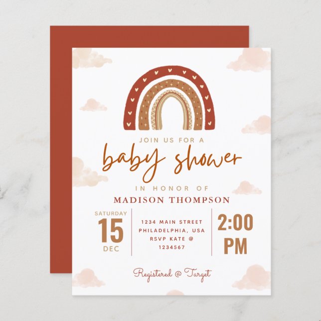 Budget Terracotta Boho Rainbow Baby Shower (Fram/baksida)