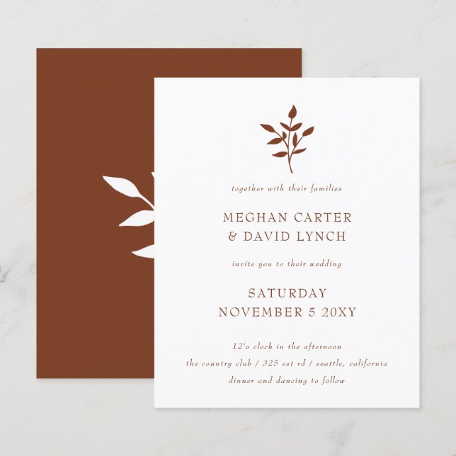 Budget Terracotta Botanical Wedding bjudande (Fram/baksida)
