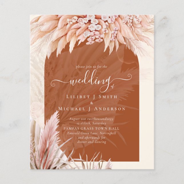 BUDGET Terracotta Coral Pampas Grass Bröllop Flygblad (Framsidan)