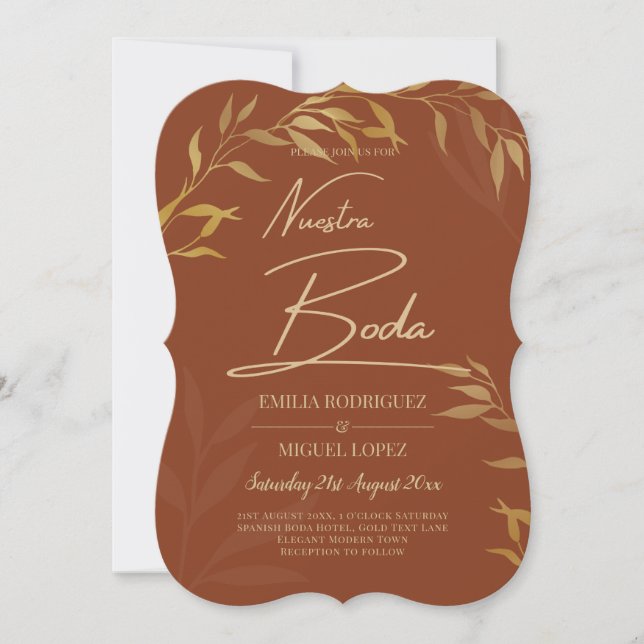 Budget Terracotta GULD Nuestra Boda Spanska bröllo Inbjudningar (Framsida)