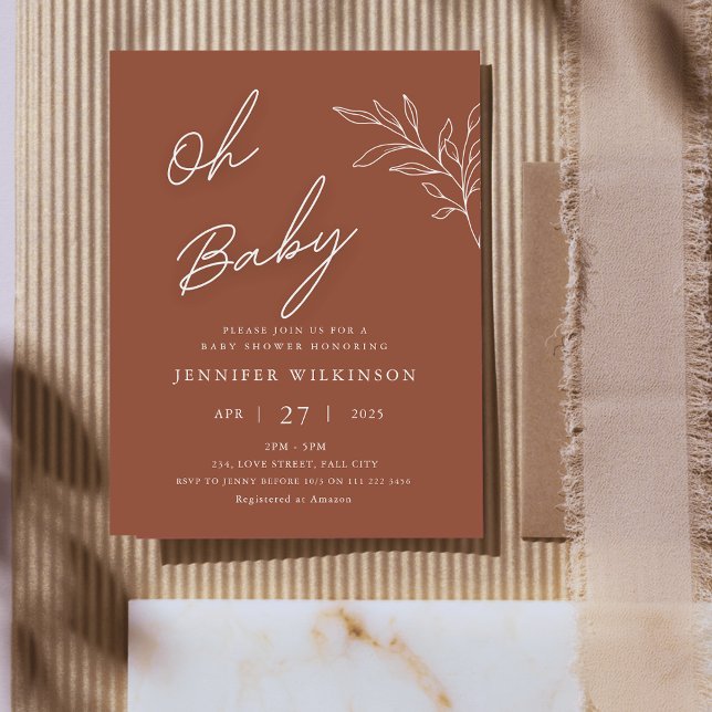 Budget Terracotta Minimalist Baby Shower Inbjudan Vykort (Budget Terracotta Minimalist Baby Shower Invitation Postcard)