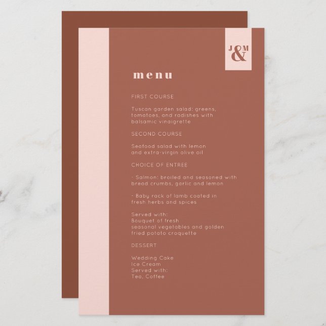 Budget Terracotta Modern Monogram Bröllop Menu (Fram/baksida)