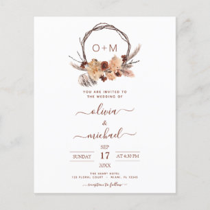 Budget Terracotta Pampas Grass Monogram Bröllop Flygblad