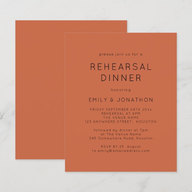 Budget Terracotta Rehearsal Dinner bröllop bjudand (Fram/baksida)