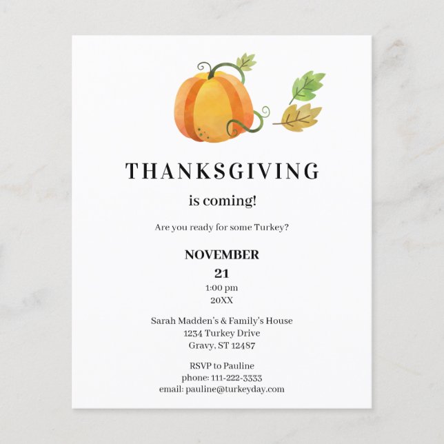 Budget Thanksgiving Pumpa Akvarell Middag (Framsida)