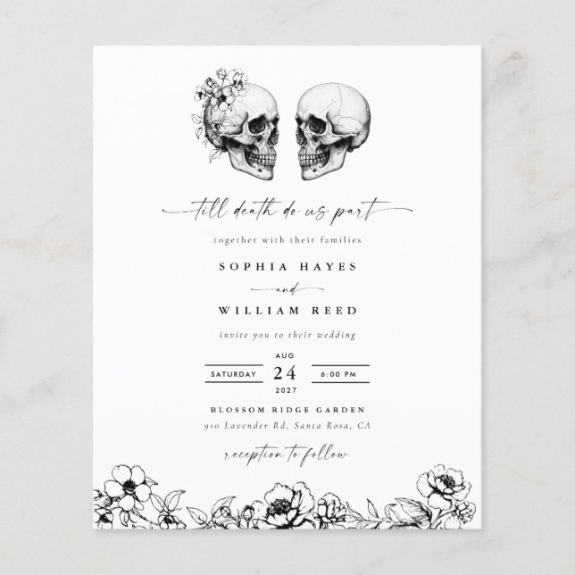 BUDGET Til Död Skull Elegant Goth Wedding Investig Flygblad (Framsidan)