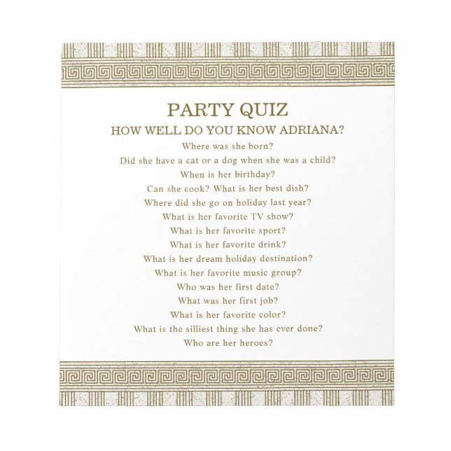 Budget Toga Party Frågesport Anteckningsblock (Framsida)