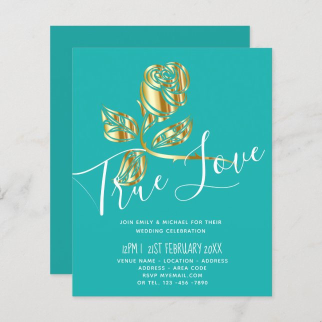 BUDGET Trendig Guldros Bröllopsinbjudan (Fram/baksida)