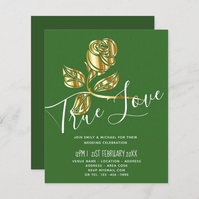 BUDGET Trendig Guldros Bröllopsinbjudan (Fram/baksida)