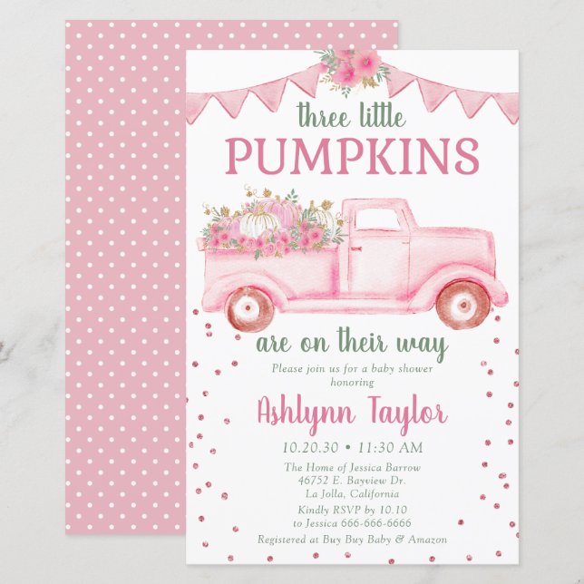 Budget Triplettar Rosa Liten Pumpa Bebis Bjudning (Fram/baksida)