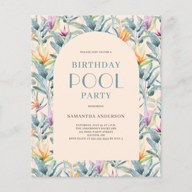Budget Tropical Bassäng Party födelsedag Flygblad (Framsidan)