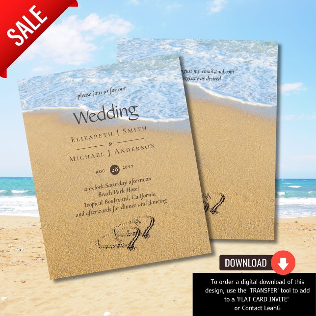 Budget Tropical Beach Hearts in Sand Bröllop Invit (Skapare uppladdad)