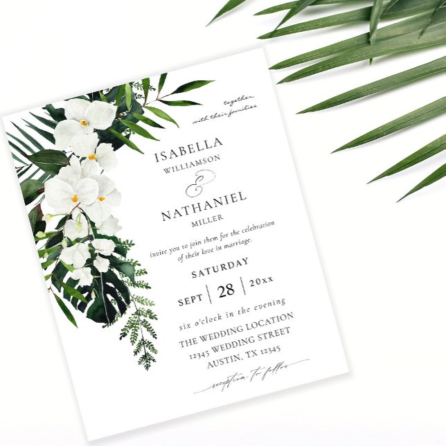 Budget Tropical Handflatan & White Blommigt Bröllo Flygblad (Skapare uppladdad)