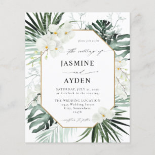Budget Tropical Handflatan & White Blommigt Bröllo Flygblad