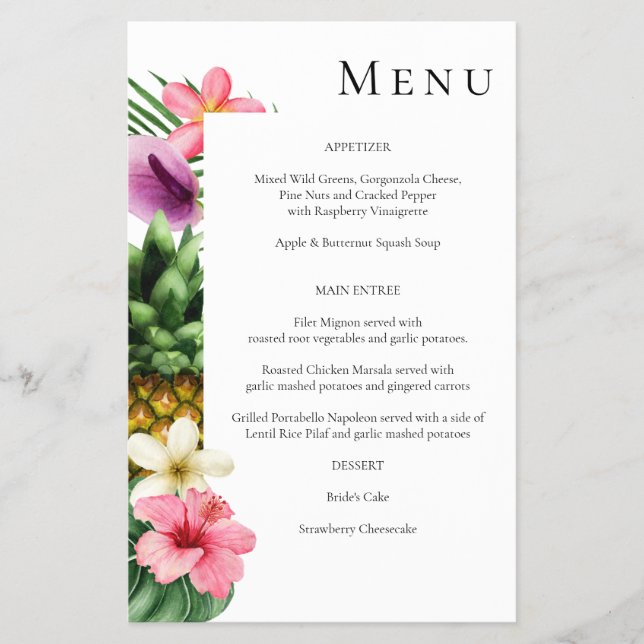 Budget Tropical Hawaiian Blommigt Menu- White MED Flygblad (Framsidan)