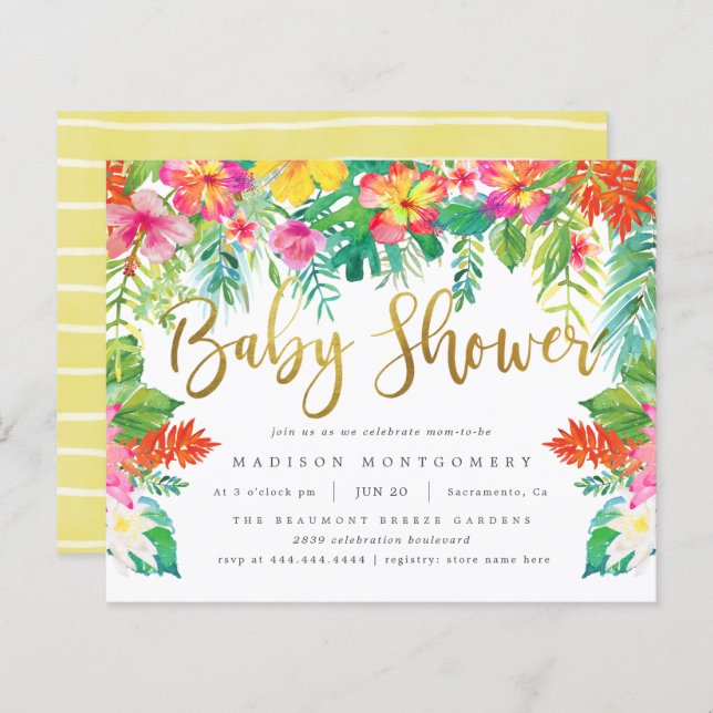 Budget Tropical Hibiscus Foliage Guld Baby Shower (Fram/baksida)