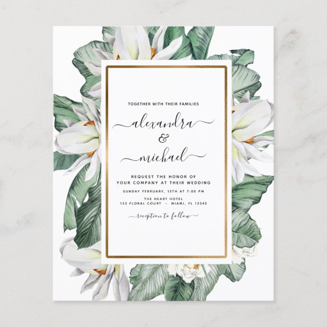 Budget Tropical Magnolia Handflatan bröllopsinbjud (Framsida)