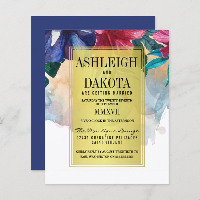 Budget Tropical Watercolor Flowers Bröllop (Fram/baksida)