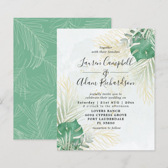 Budget Tropical Watercolor Wedding bjudande (Fram/baksida)