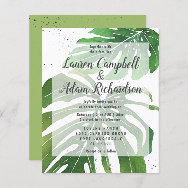 Budget Tropical Watercolor Wedding bjudande (Fram/baksida)