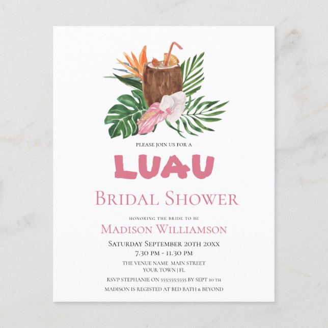 Budget Tropisk Cocktail Luau Bröllopsdusch (Framsida)