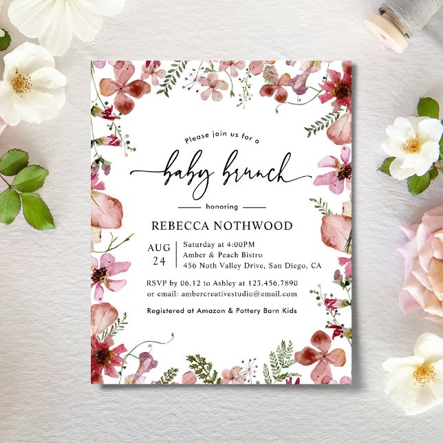 Budget Tryckt Rosa Blommor Baby Brunch Inbjudan (Skapare uppladdad)