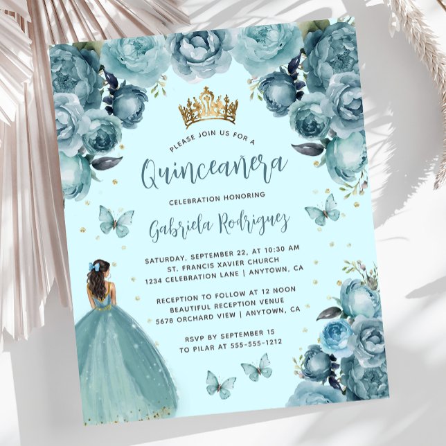 Budget Turkos Blommig Princess Quinceañera (Skapare uppladdad)