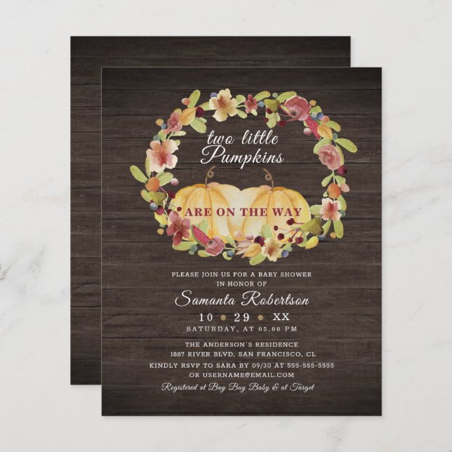 Budget Two Little Pumpkin Wood Blommigt Baby Showe (Fram/baksida)