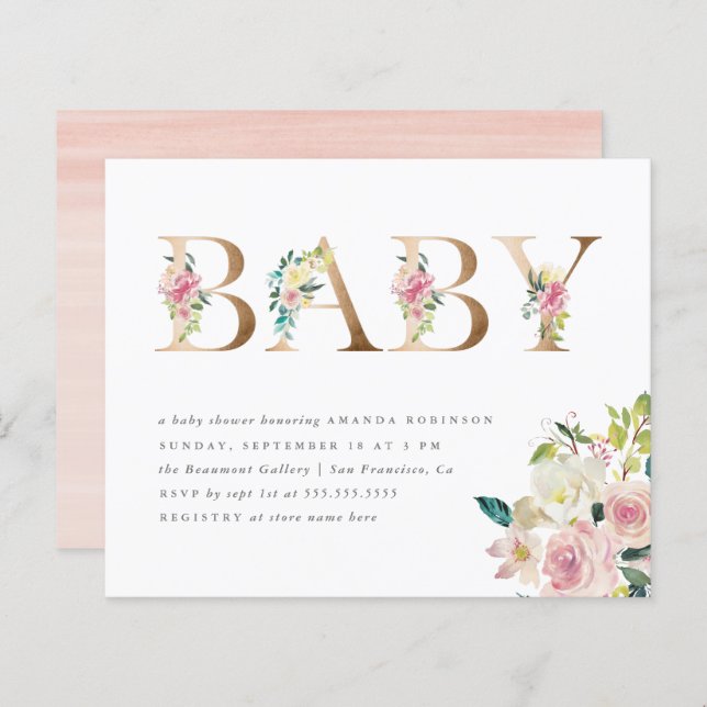 Budget Typ Vattenfärg Blommig Guld Bebis Shower (Fram/baksida)