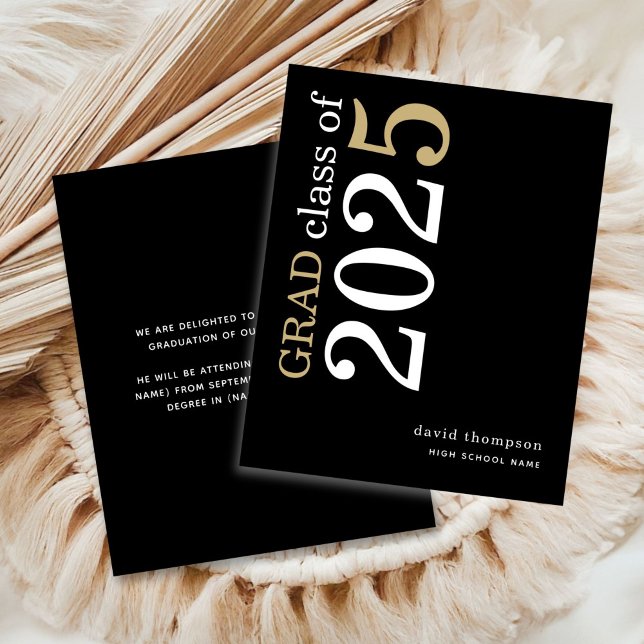 Budget Typography Black 2025 Grad-meddelande (front and back view)