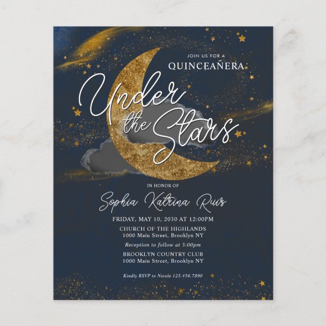 Budget under Stars Blue Guld Måne Quinceanera Flygblad (Framsidan)