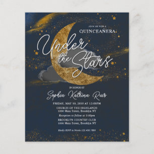 Budget under Stars Blue Guld Måne Quinceanera Flygblad